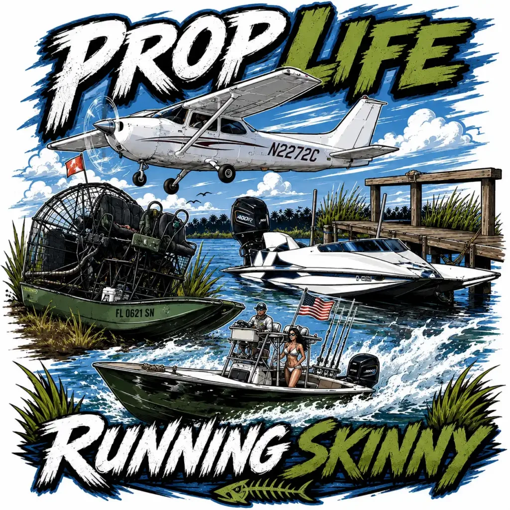 Prop Life Running Skinny illustrated artwork featuring a prop plane, airboat, race boat and flats boat